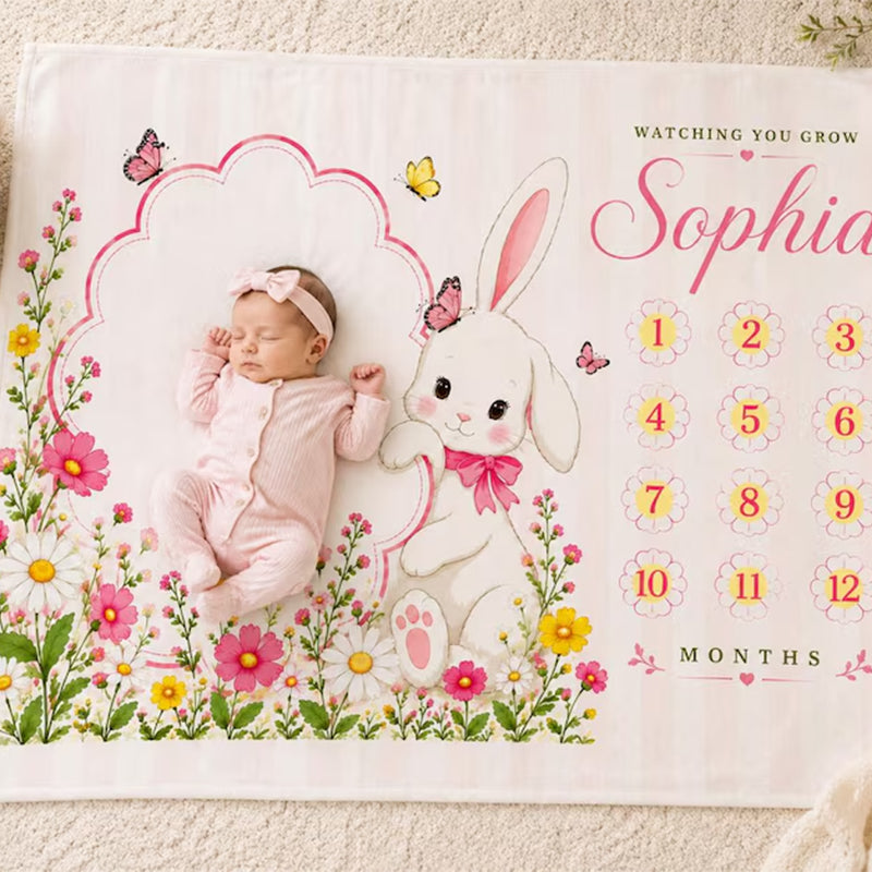 Personalized Bunny Baby Milestone Blanket, Floral Monthly Milestone Blanket