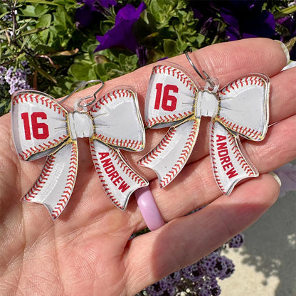 Custom Baseball Bow Earrings, Personalized Player Nam