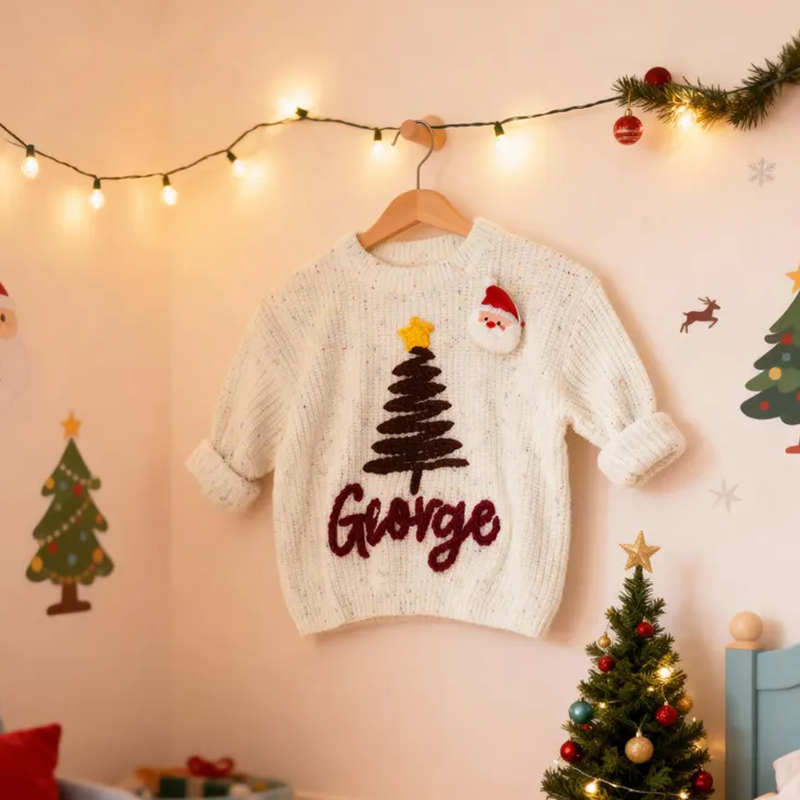 Hand-Embroidered Baby Christmas Sweater, Toddler Holiday Sweater
