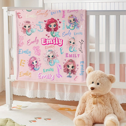 Custom Name Personalized Blanket, Cute Little Mermaid Cartoon