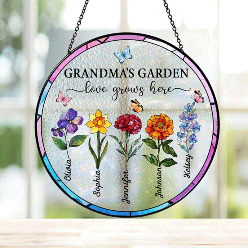 Suncatchers Stained Glass Flower, Personalized Grandma's Garden Suncatcher