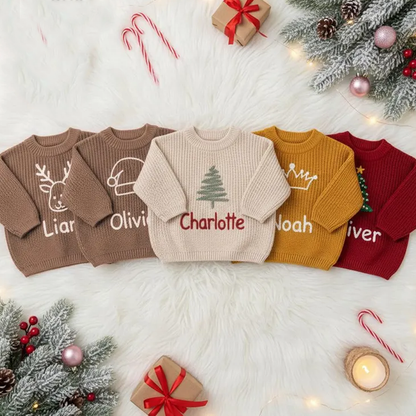 Hand-Embroidered Baby Christmas Sweater, Toddler Holiday Sweater