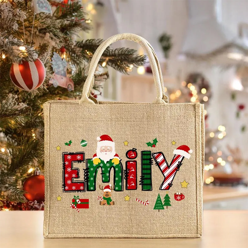 Personalized Santa Jute Tote Bag - Custom Name