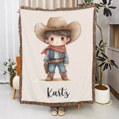 Personalized Cartoon Cowboy Tassel Blanket with Name