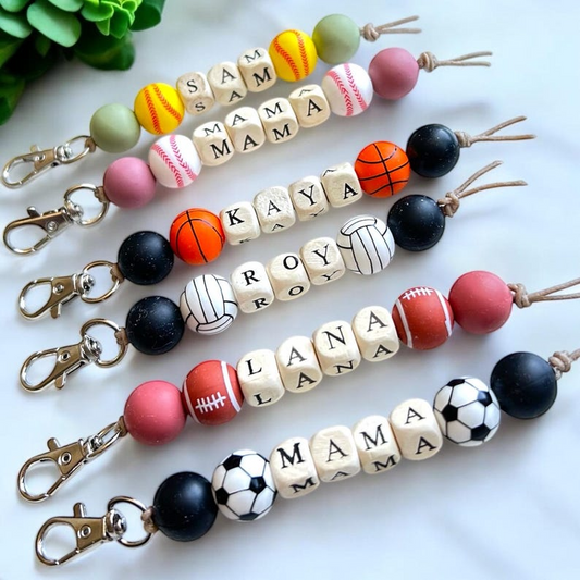 Personalized Sports Keychain / Beaded Name Keyring with Baseball, Soccer, Basketball