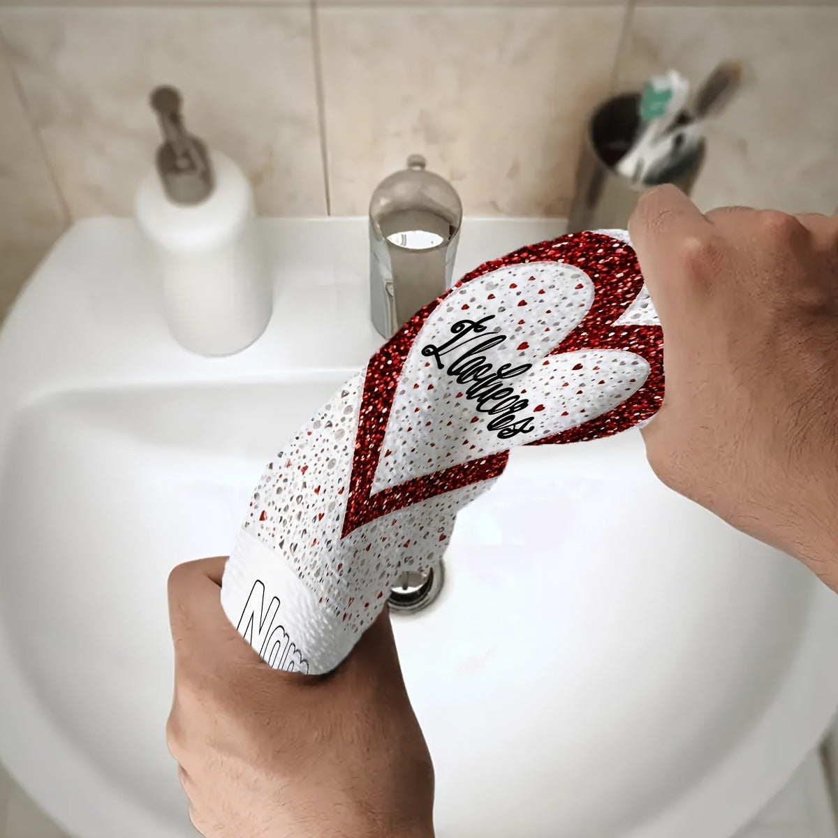 2pcs Personalized Red & White Glitter Heart-Shaped Towels with Custom Name