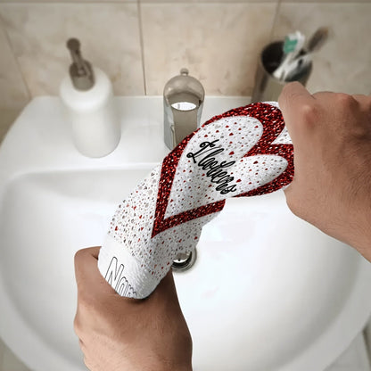 2pcs Personalized Red & White Glitter Heart-Shaped Towels with Custom Name