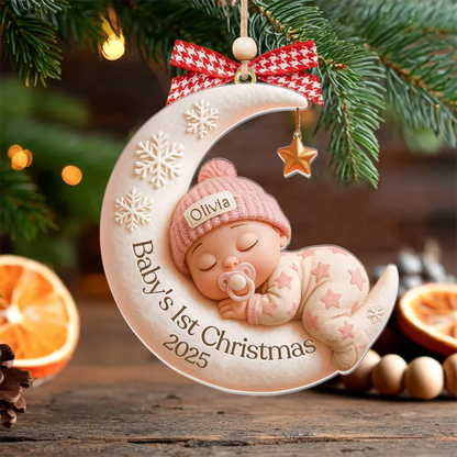 Custom Baby First Christmas Ornament, Moon Sleeping Design