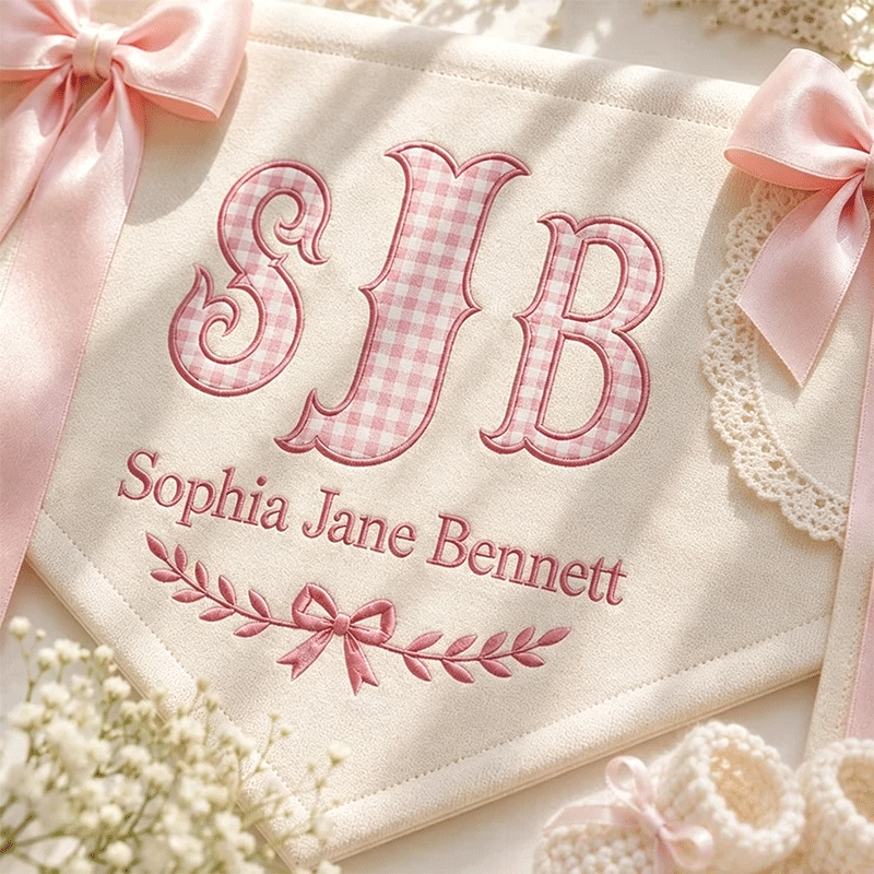 Embroidered Baby Banner, Monogram Hospital Sign, Birth Stats Tag