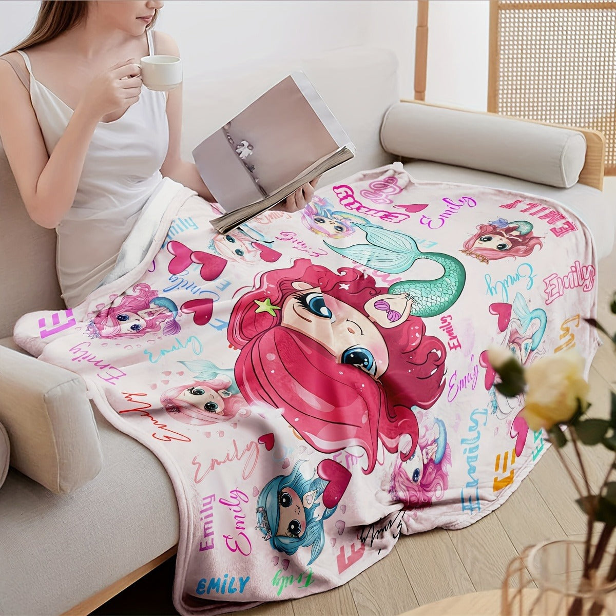 Personalized Mermaid Cartoon Blanket with Custom Name