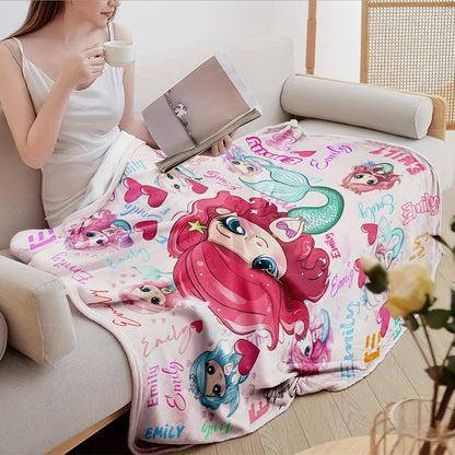 Personalized Mermaid Cartoon Blanket with Custom Name