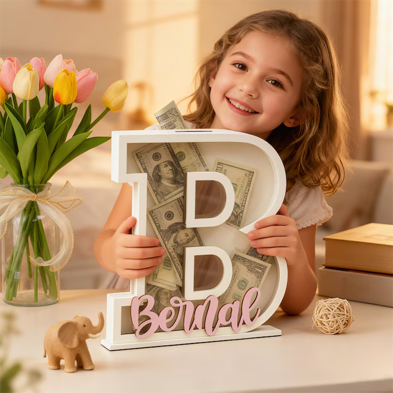 Personalized Letter Piggy Bank: Wooden Initial Coin Bank