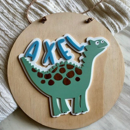 Personalised Round Wooden Dinosaur Name Plaque