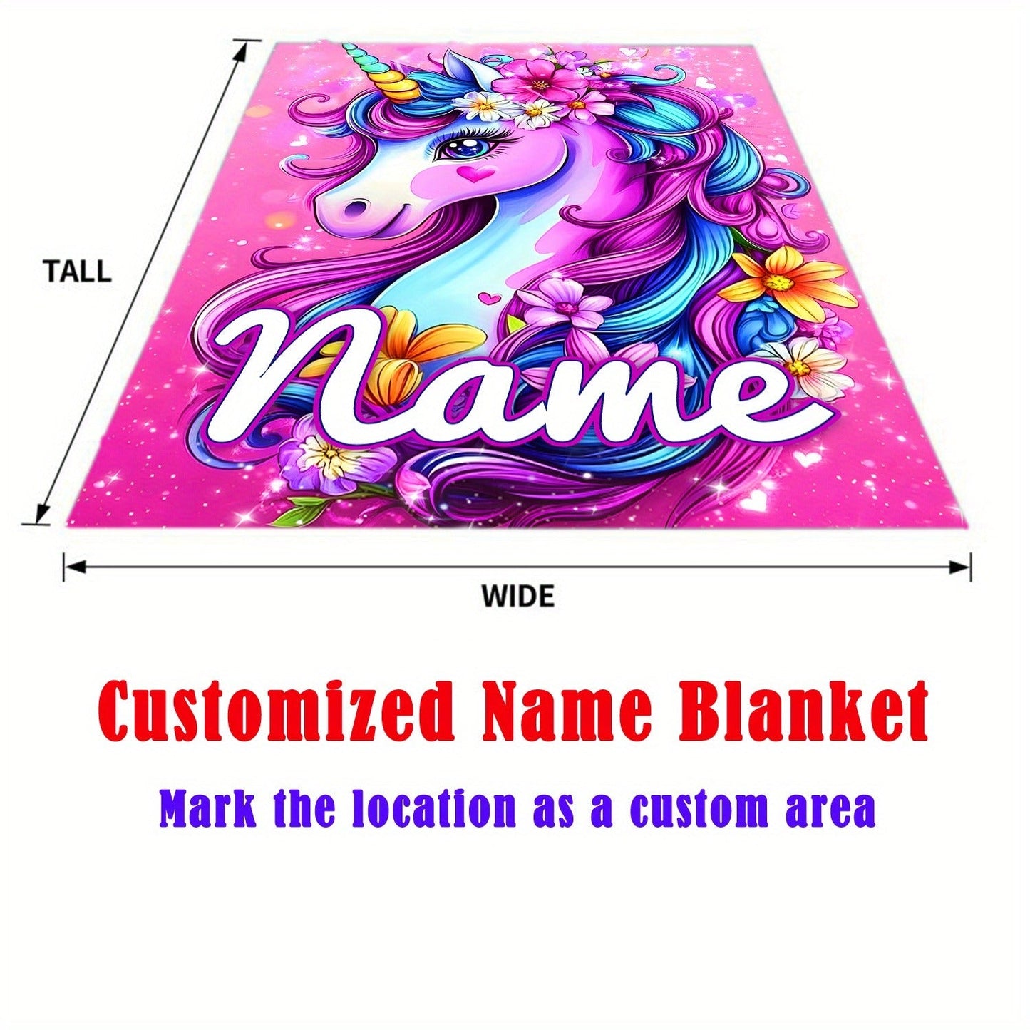 Personalized Name Lovely Dazzling Flower Unicorn Print Portable Blanket