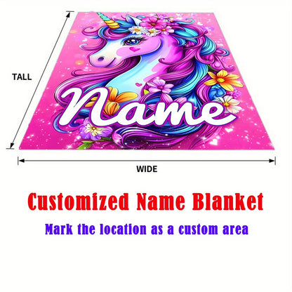 Personalized Name Lovely Dazzling Flower Unicorn Print Portable Blanket