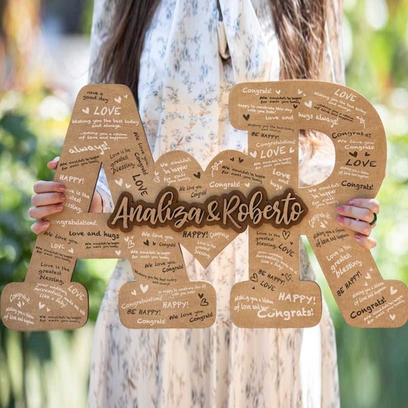 Custom Guest Book Wedding Couple Names Sign, Engraved Wood Letters