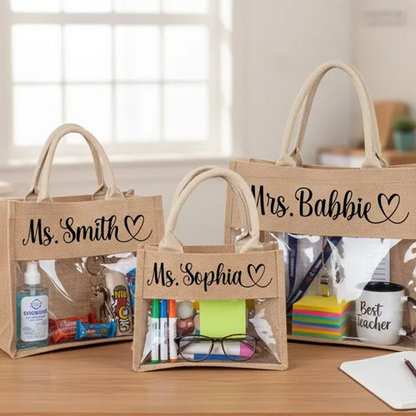 Personalized Teacher Tote Bag, Clear Window Burlap Totes,