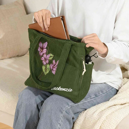 Personalized Birth Flower Corduroy Large Capacity Tote Bag