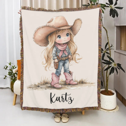 Personalized Cartoon Cowboy Tassel Blanket with Name