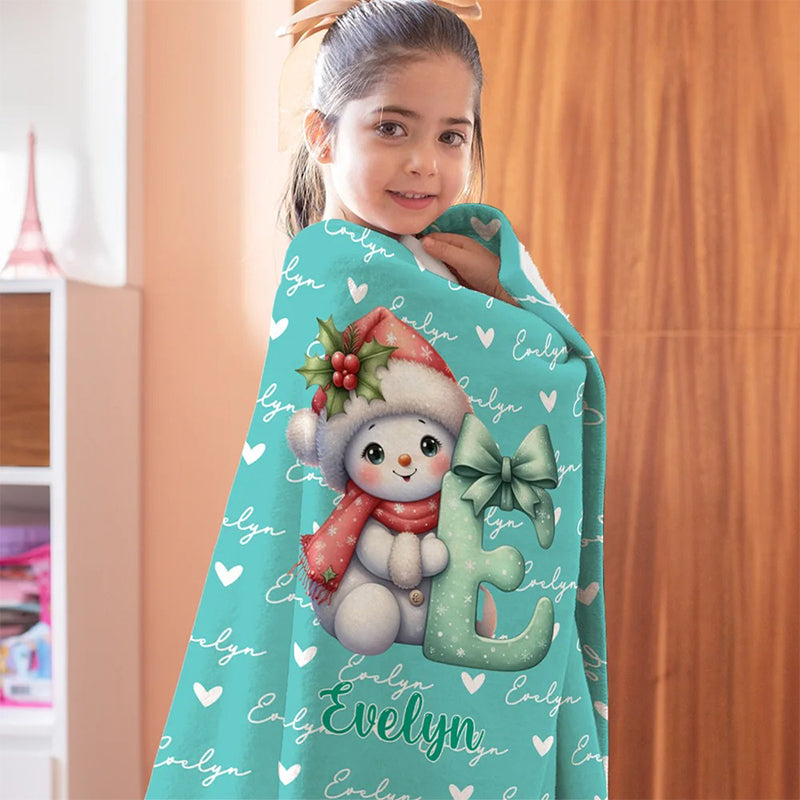 Personalized Santa Hat Snowman Initial Blanket