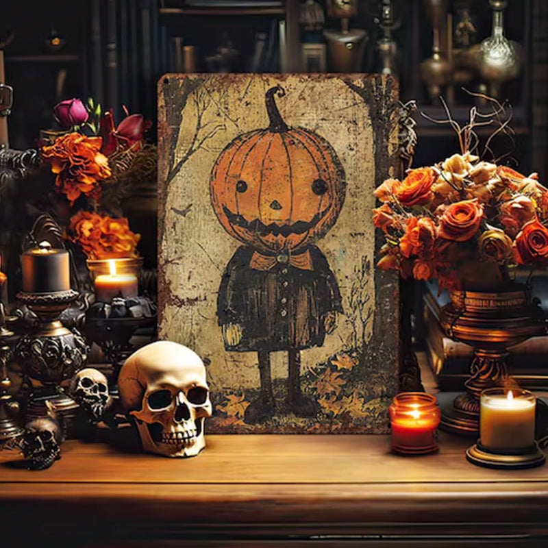 Primitive Pumpkinhead Halloween Decor Metal Art Sign Mantle Decoration