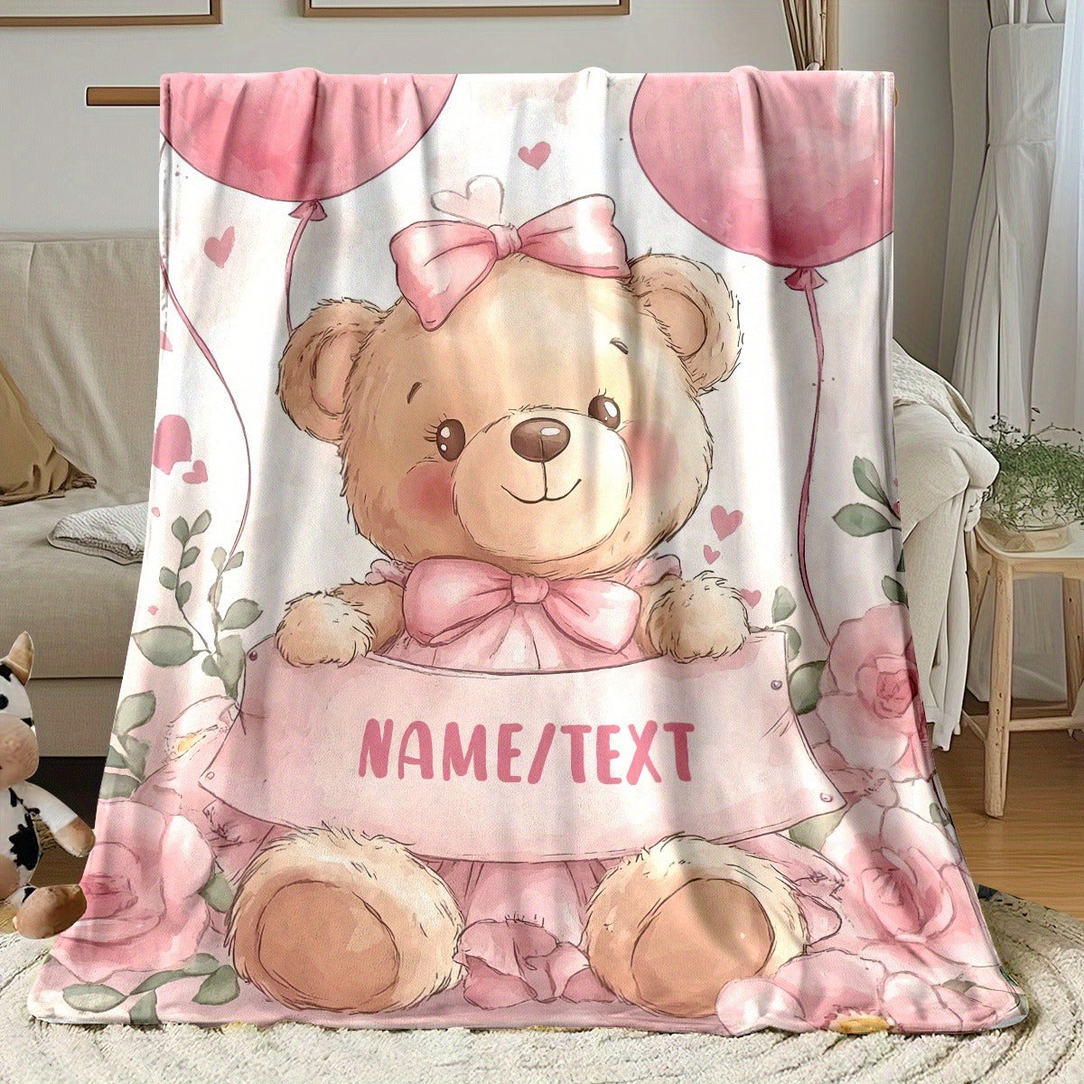 Custom Blankets Cute Pink Teddy Bear with Personalized Name