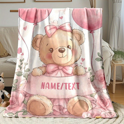 Custom Blankets Cute Pink Teddy Bear with Personalized Name