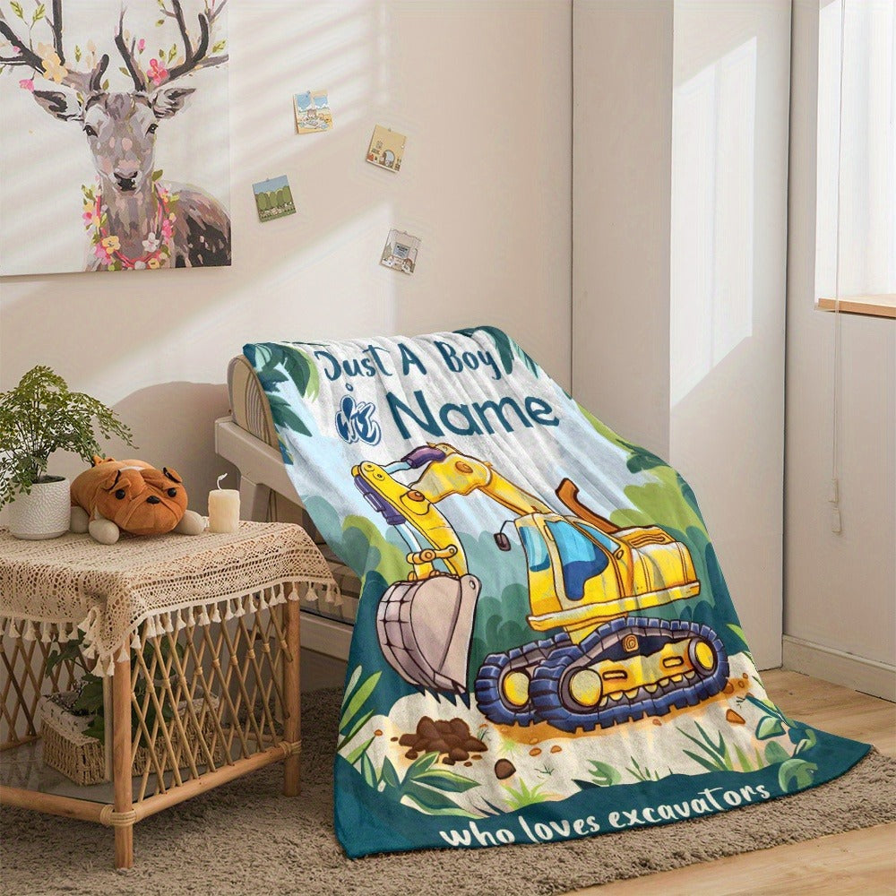 Personalized Cartoon Excavator Flannel Throw Blanket