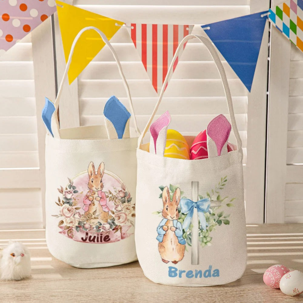 Personalized Floral Cross Peter Rabbit Ears Easter Basket