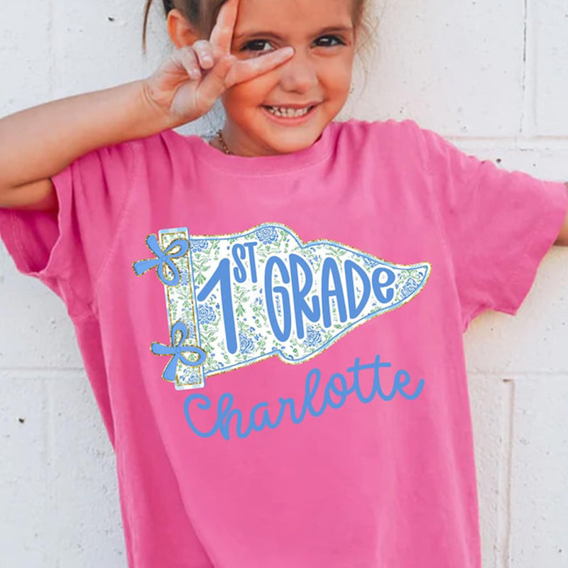 Personalized 1st Grade Shirt for Girls, Floral Pennant Back to School Shirt
