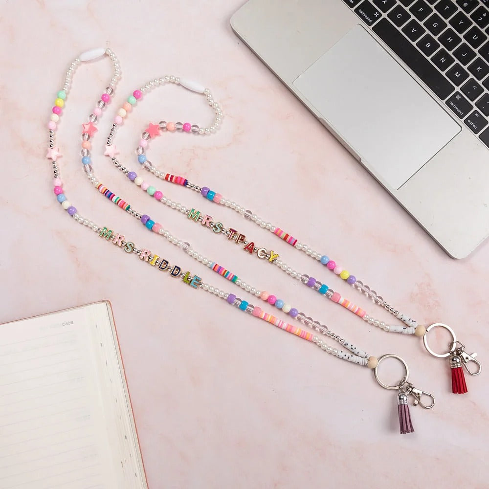 Personalized Colorful Wooden Name Beaded Badge Lanyard ID Card