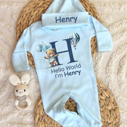 Personalized baby coming home outfit, romper hat set,