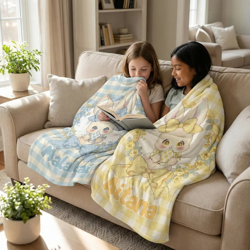 Personalized Multicolor Plaid Cute Polka-Dot Bow Bunny Easter Blanket Gift for Kids