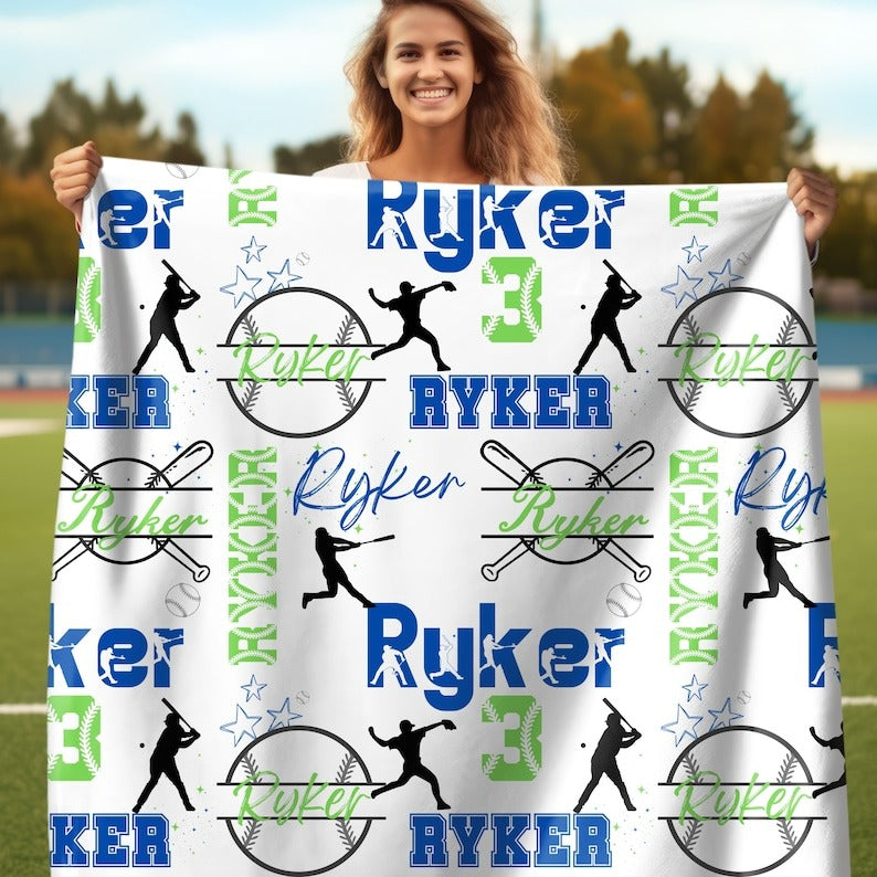 Baseball Boy Personalized Blanket, Custom Name Collage with Baseball Pattern Throw