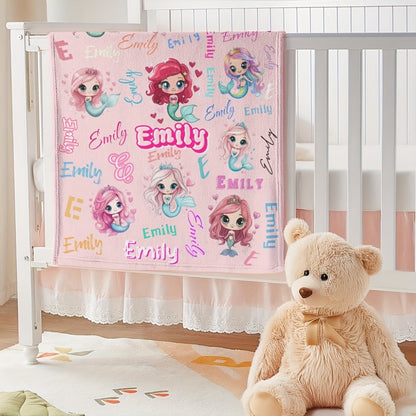 Custom Name Personalized Blanket, Cute Little Mermaid Cartoon