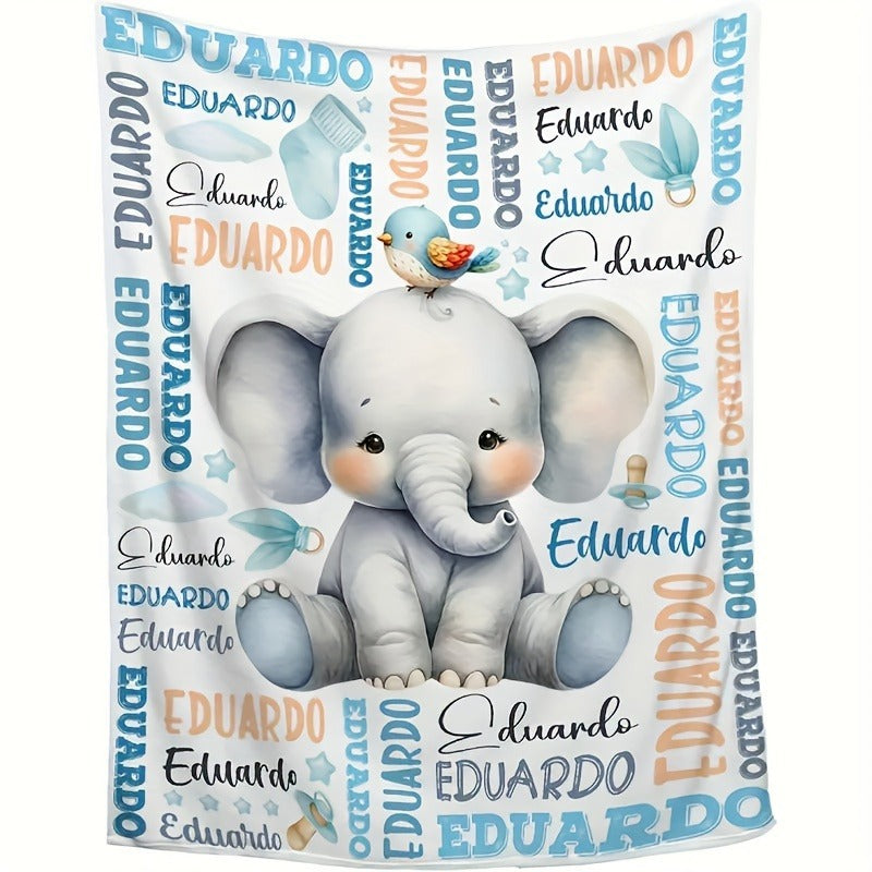 One Custom Text Elephant Print Plush Blanket, Personalized Soft Warm Digital Printed Throw
