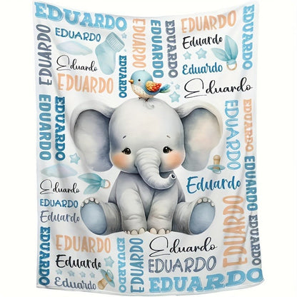 One Custom Text Elephant Print Plush Blanket, Personalized Soft Warm Digital Printed Throw