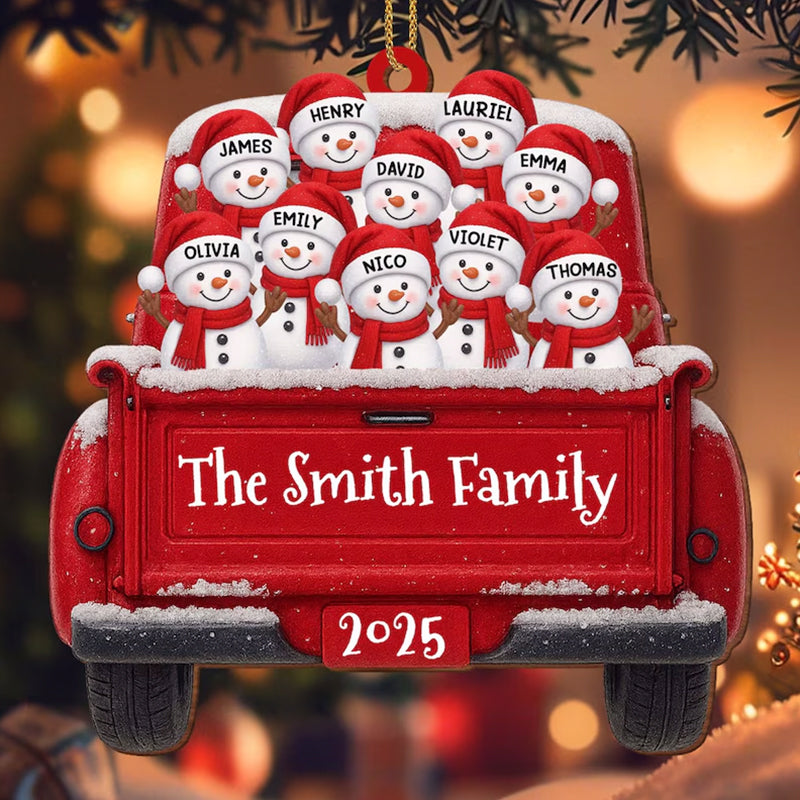 Custom Snowman Family Christmas Ornament, Red Truck Flat Ornament