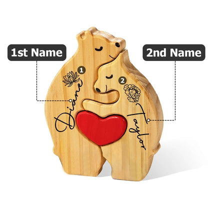 Personalized Red Heart Birth Flower Wooden Hug Bear Family Puzzle