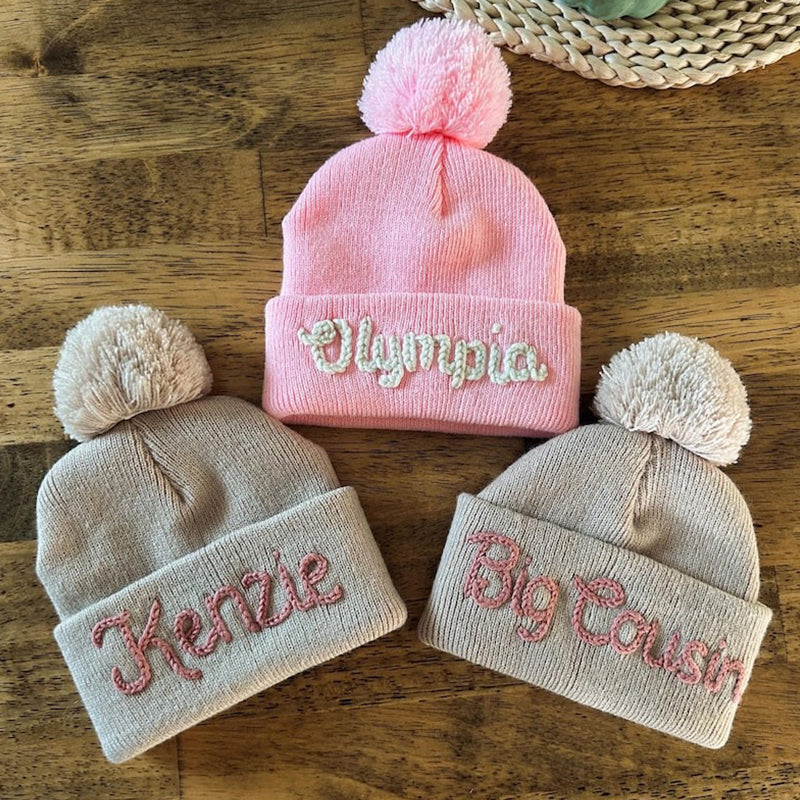 Personalized Hand Embroidered Name Winter Pom-pom Hat