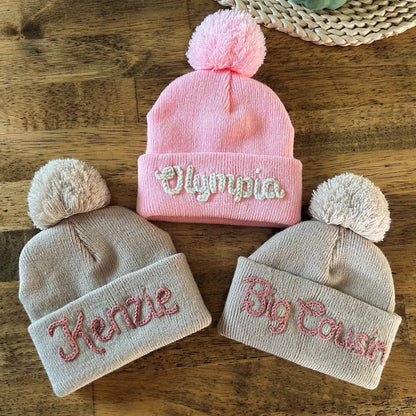Personalized Hand Embroidered Name Winter Pom-pom Hat