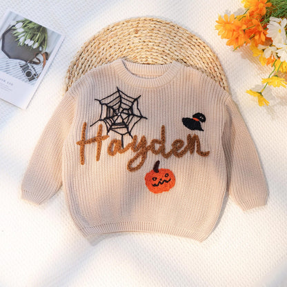 Happy Halloween Personalized Embroidered Baby Sweater, Custom Name