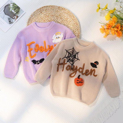 Happy Halloween Personalized Embroidered Baby Sweater, Custom Name