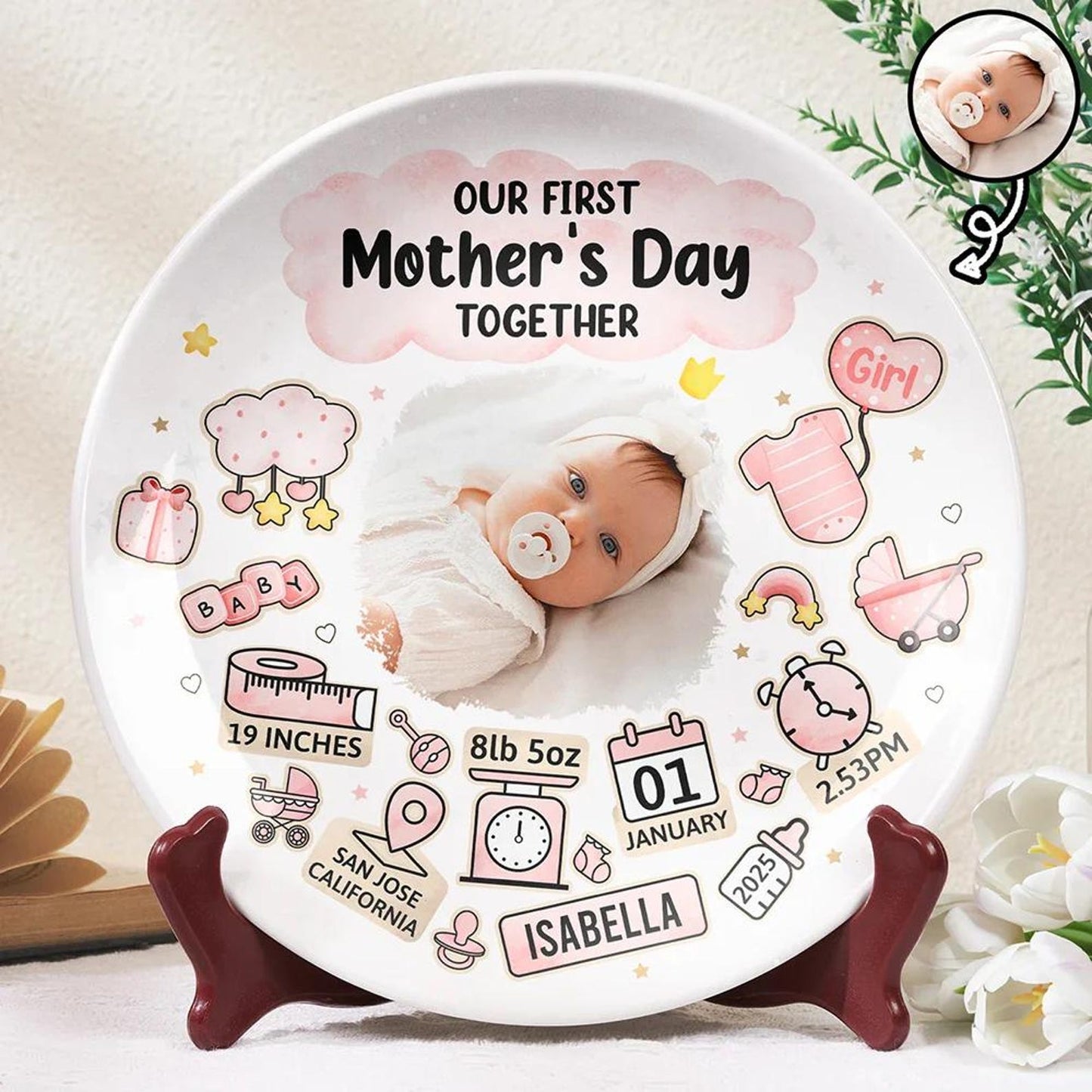 Custom Photo Our First Mother's Day Information Icon Personalized Ceramic Plate