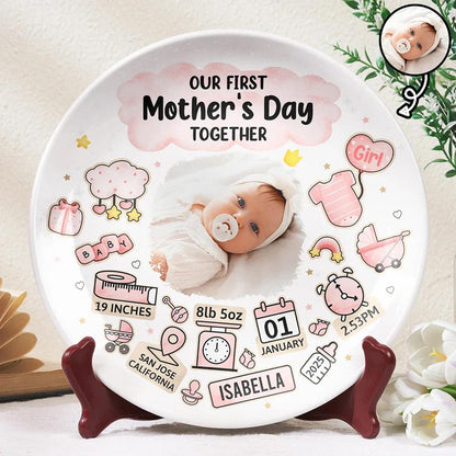 Custom Photo Our First Mother's Day Information Icon Personalized Ceramic Plate
