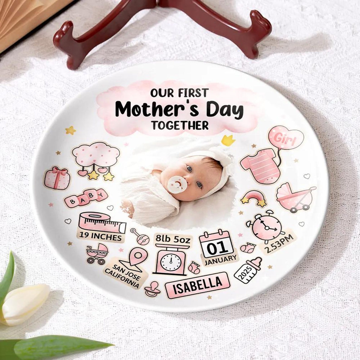 Custom Photo Our First Mother's Day Information Icon Personalized Ceramic Plate