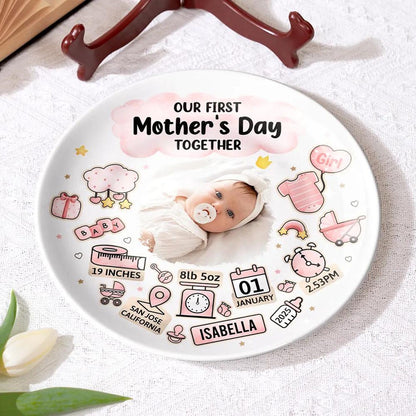 Custom Photo Our First Mother's Day Information Icon Personalized Ceramic Plate