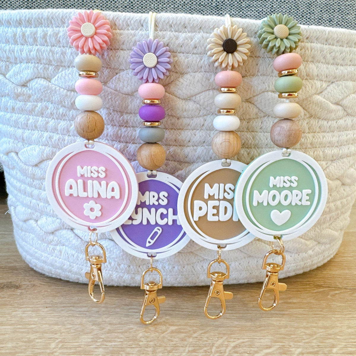 Personalized Floral Beaded Teacher Lanyard: Custom Name Tag