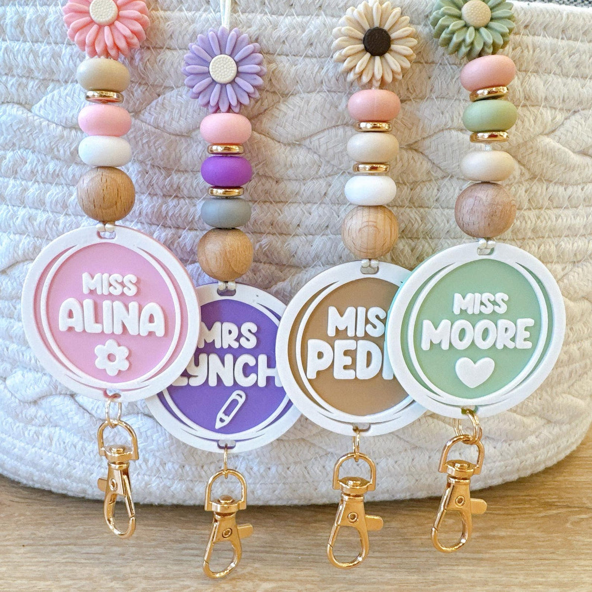 Personalized Floral Beaded Teacher Lanyard: Custom Name Tag