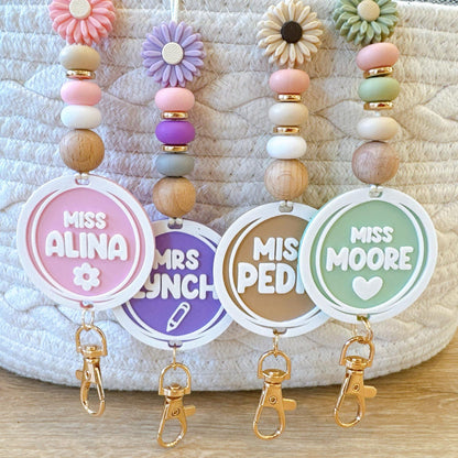 Personalized Floral Beaded Teacher Lanyard: Custom Name Tag